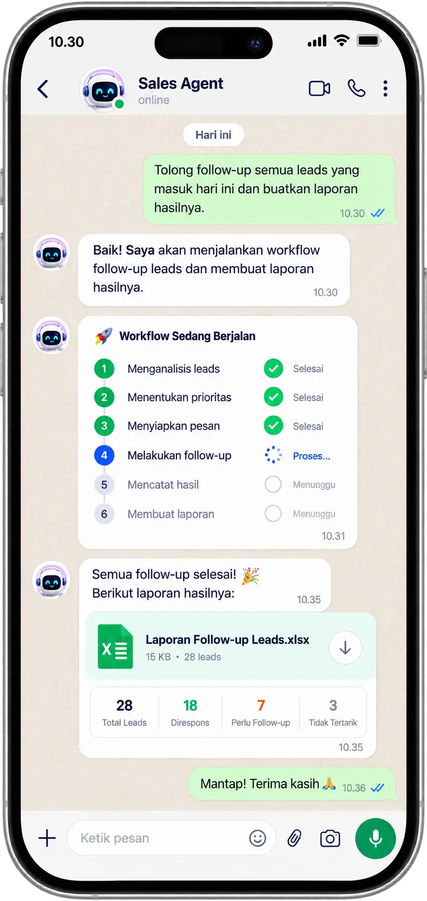 Contoh percakapan Sales Agent di WhatsApp